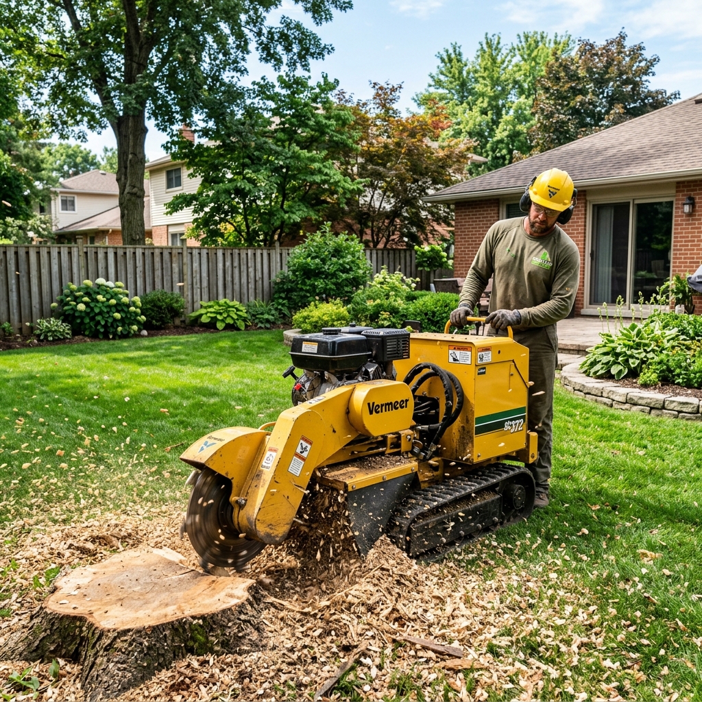 Vermeer stump grinding machine cutting a large tree stump in a Murfreesboro TN residential yard