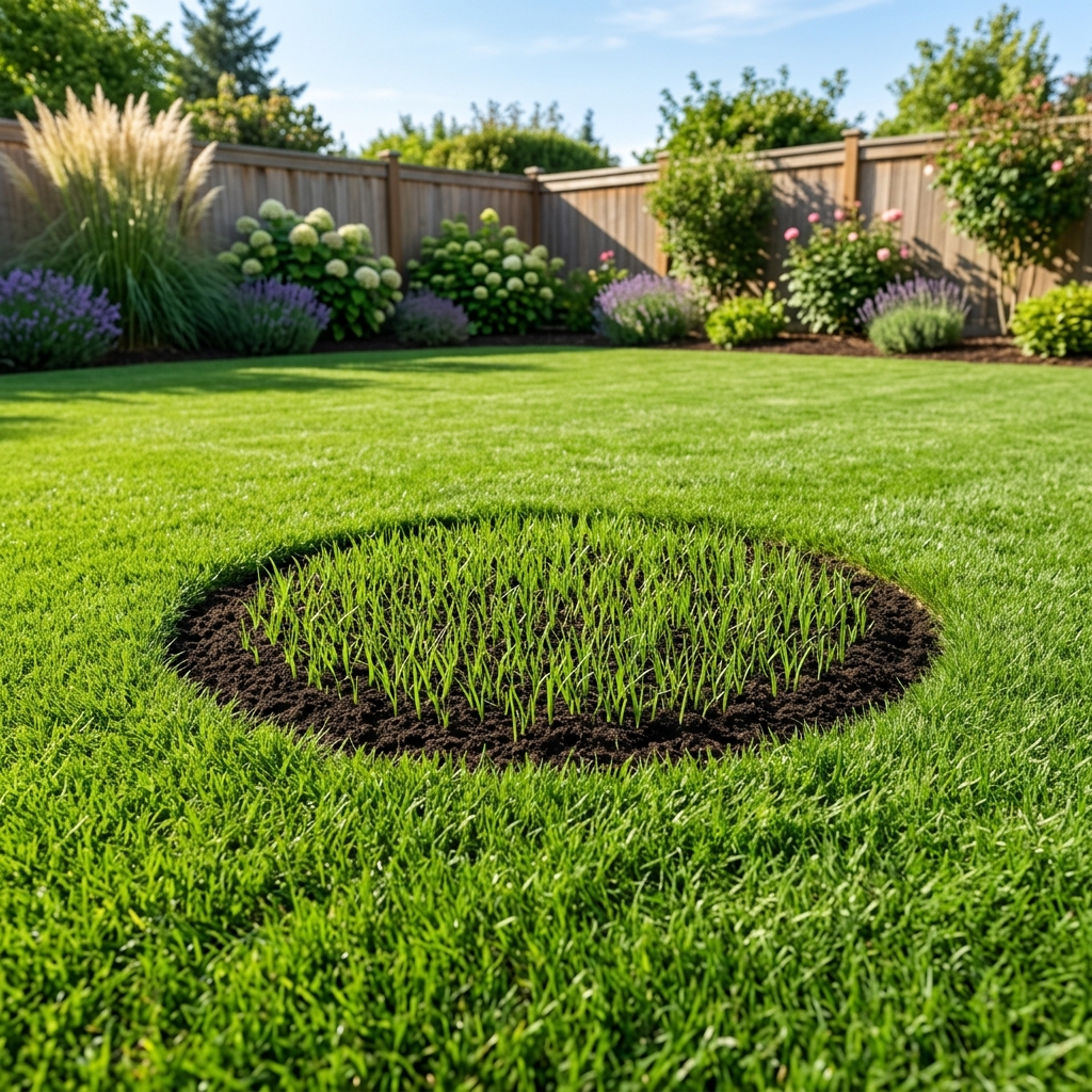 Clean restored green grass lawn in Middle Tennessee after professional stump grinding and soil backfill