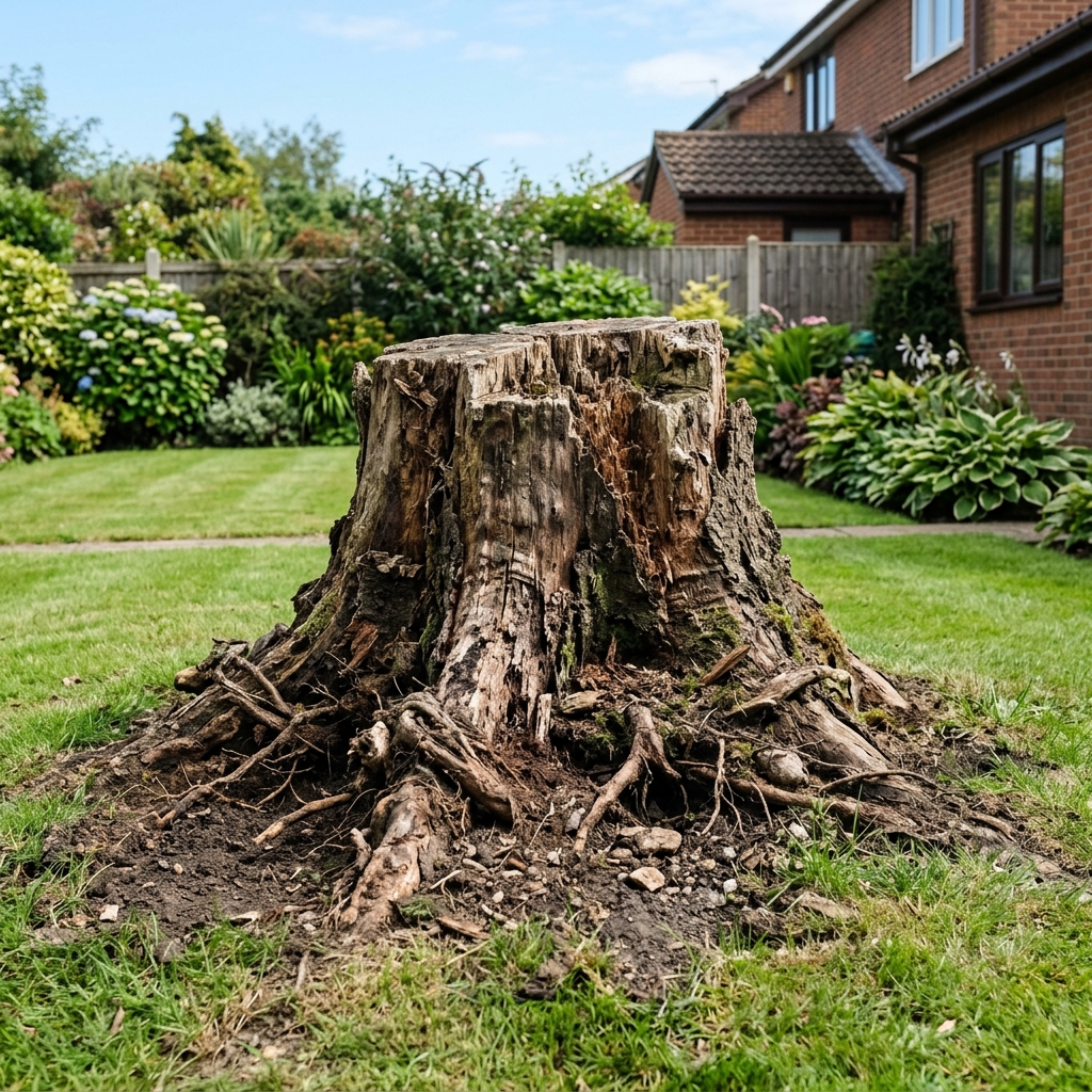 Large unsightly tree stump hazard in a Middle Tennessee backyard before grinding